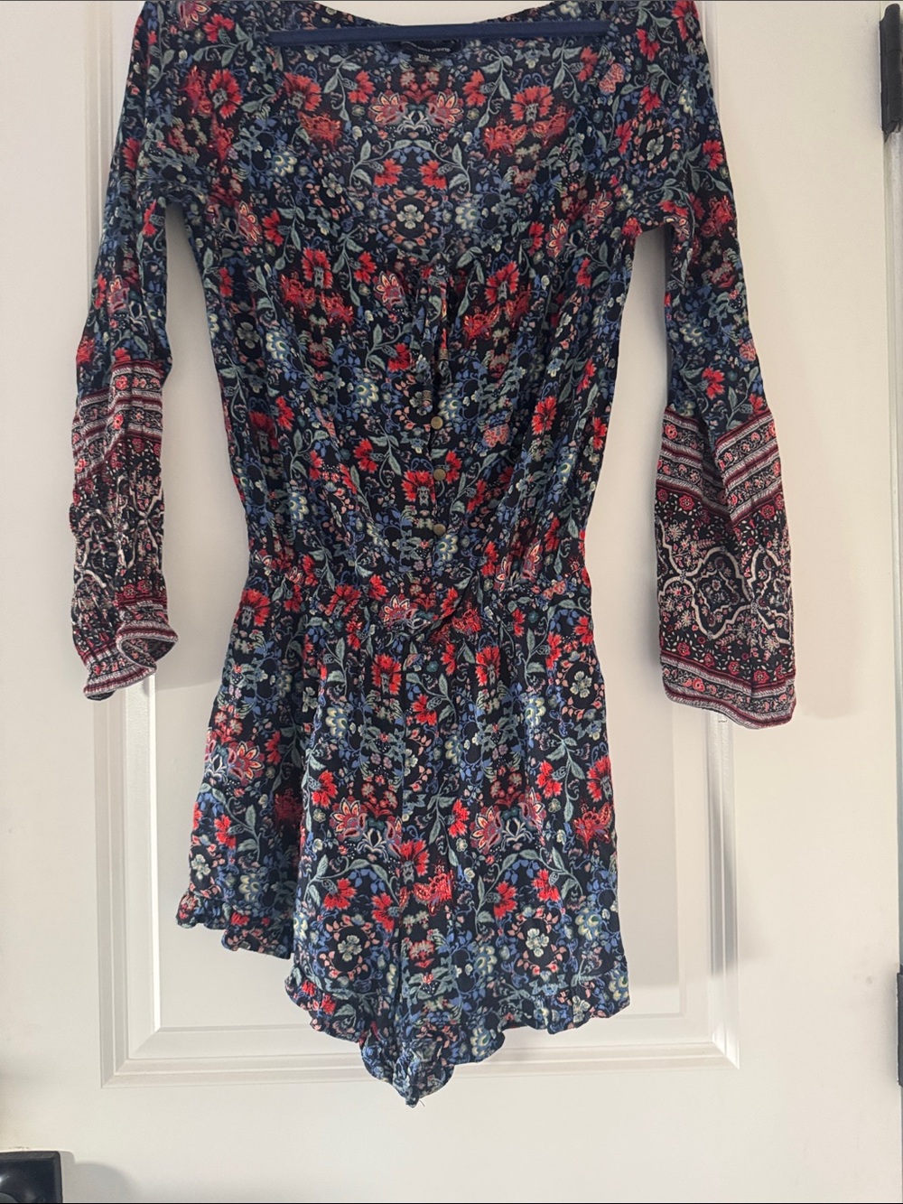 American Eagle Outfitters Navy Floral Long-Sleeve Romper Shorts with Red Accents